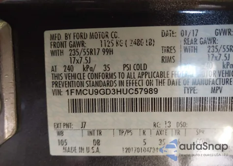 2017 Ford Escape Se из США, поврежденный, VIN 1FMCU9GD3HUC57989